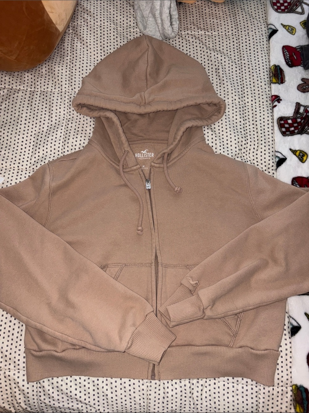 Hollister Cropped Zip-Up Hoodie in Taupe Brown